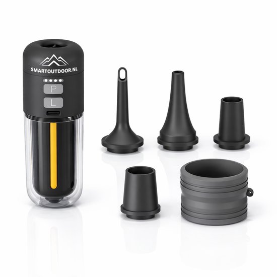 Pompe noire avec boîtier transparent et bande jaune, avec cinq embouts noirs.
