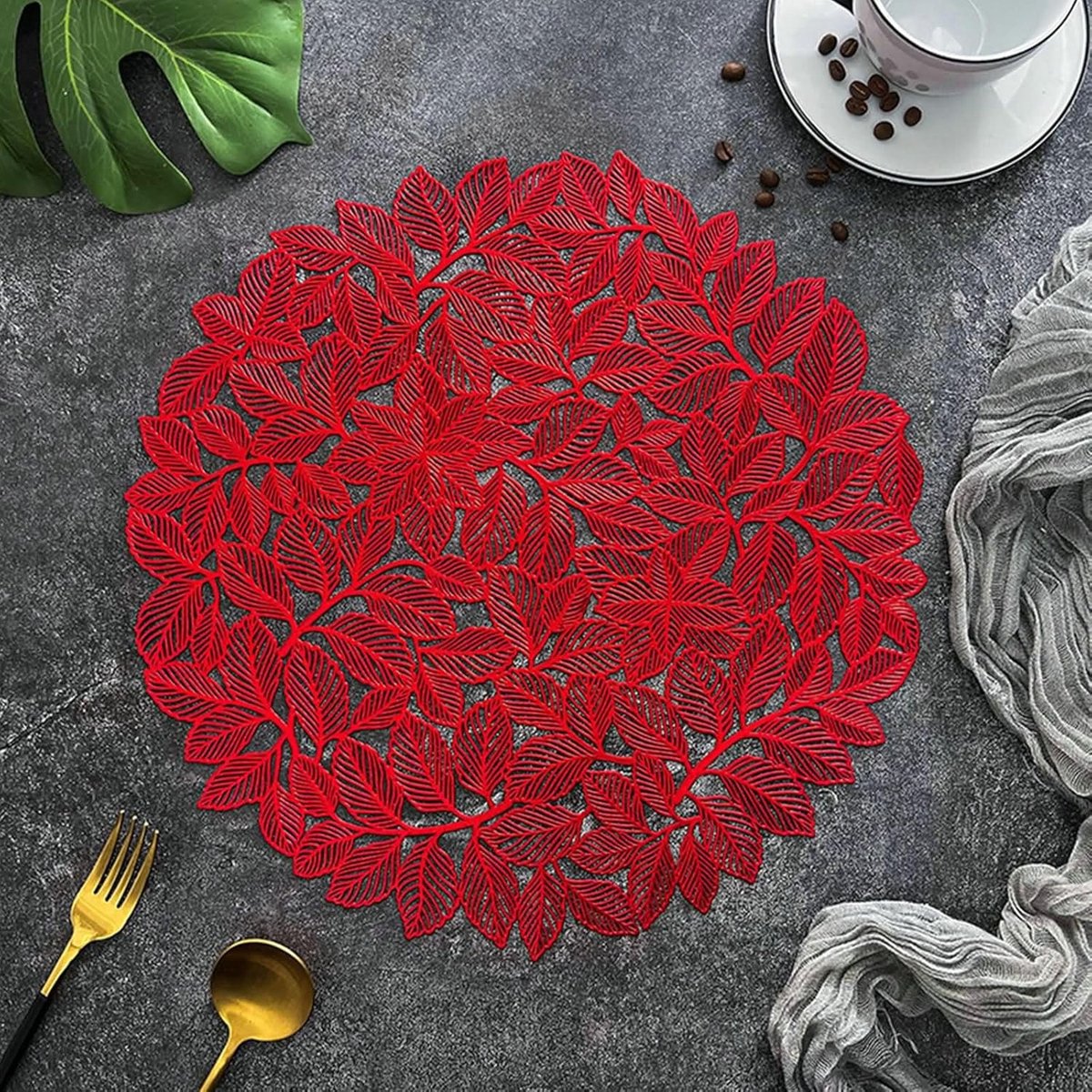 Eetkamer Placemats - Tafelonderleggers - Bescherming Tafel - Bladeren Patroon - 38cm Rond - Rood