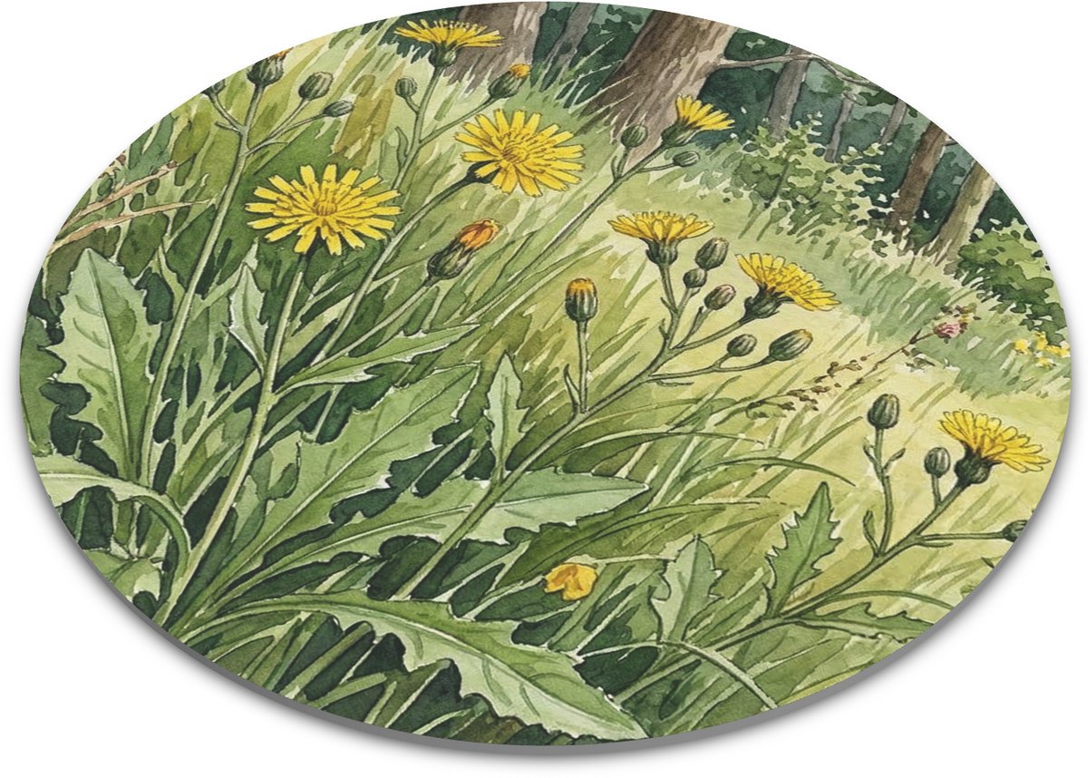 Dicht-havikskruid Muismat Rond - Aquarel Series - Botanische Gele Bloemen Natuur Illustratie Bosrand - Kantoor Thuiswerkplek Bureau Accessoire - Cadeau voor haar: Vrouw, Vriendin & Collega - Decoratieve Botanisch Design Computermuis Mat