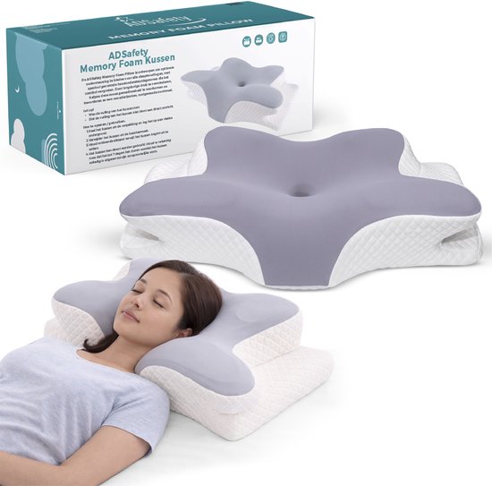 ADSafety Hoofdkussen - Incl. Extra Hoes - Vlinderkussen - Hoofdkussen Nekklachten - Ergonomisch Kussen - Nekkussen Memory Foam - Traagschuim Slaapkussen