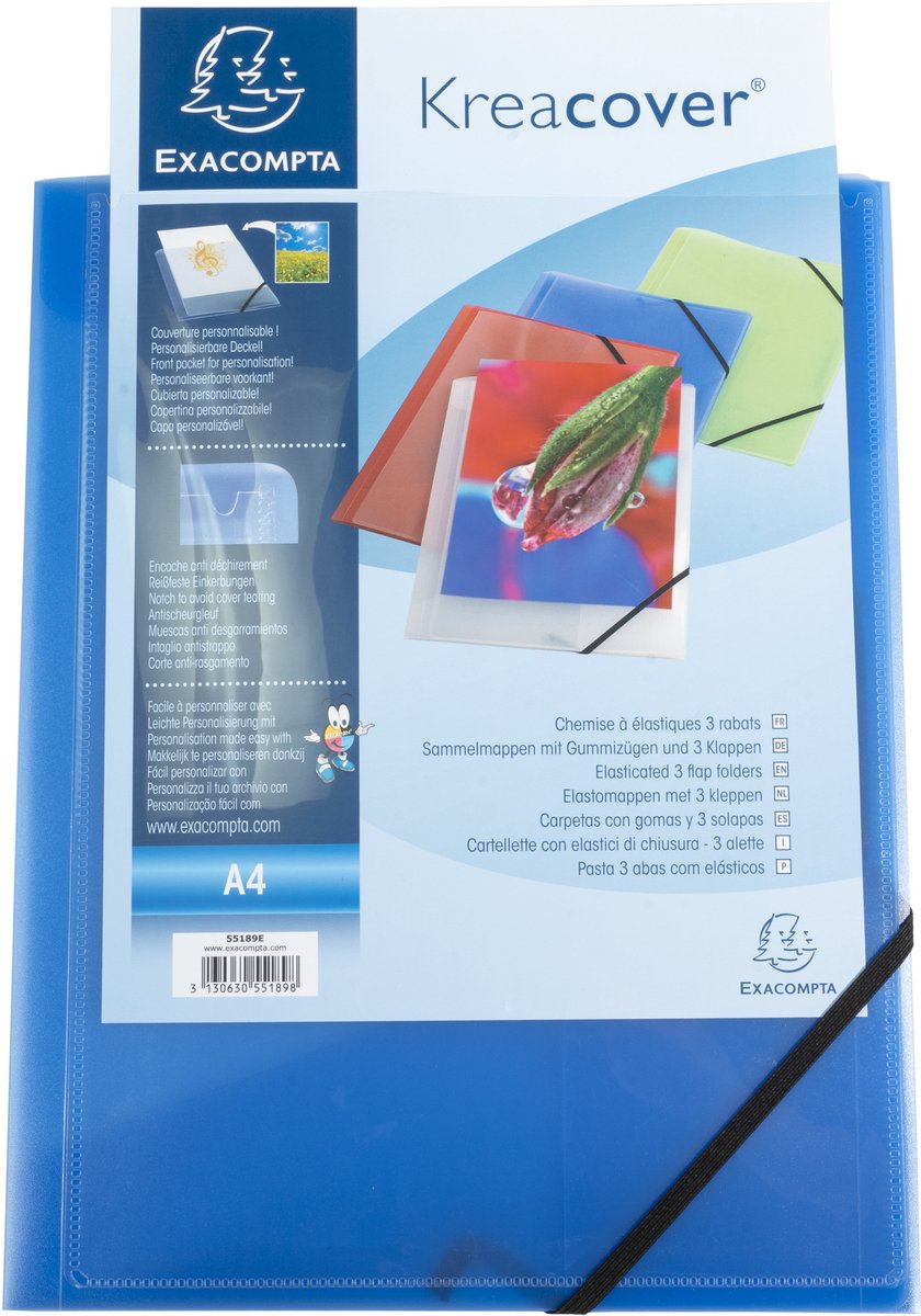 Exacompta 25x Kreacover® elastomap met 3 kleppen - ondoorschijnende PP 5/10de- A4 - Blauw - 55182E