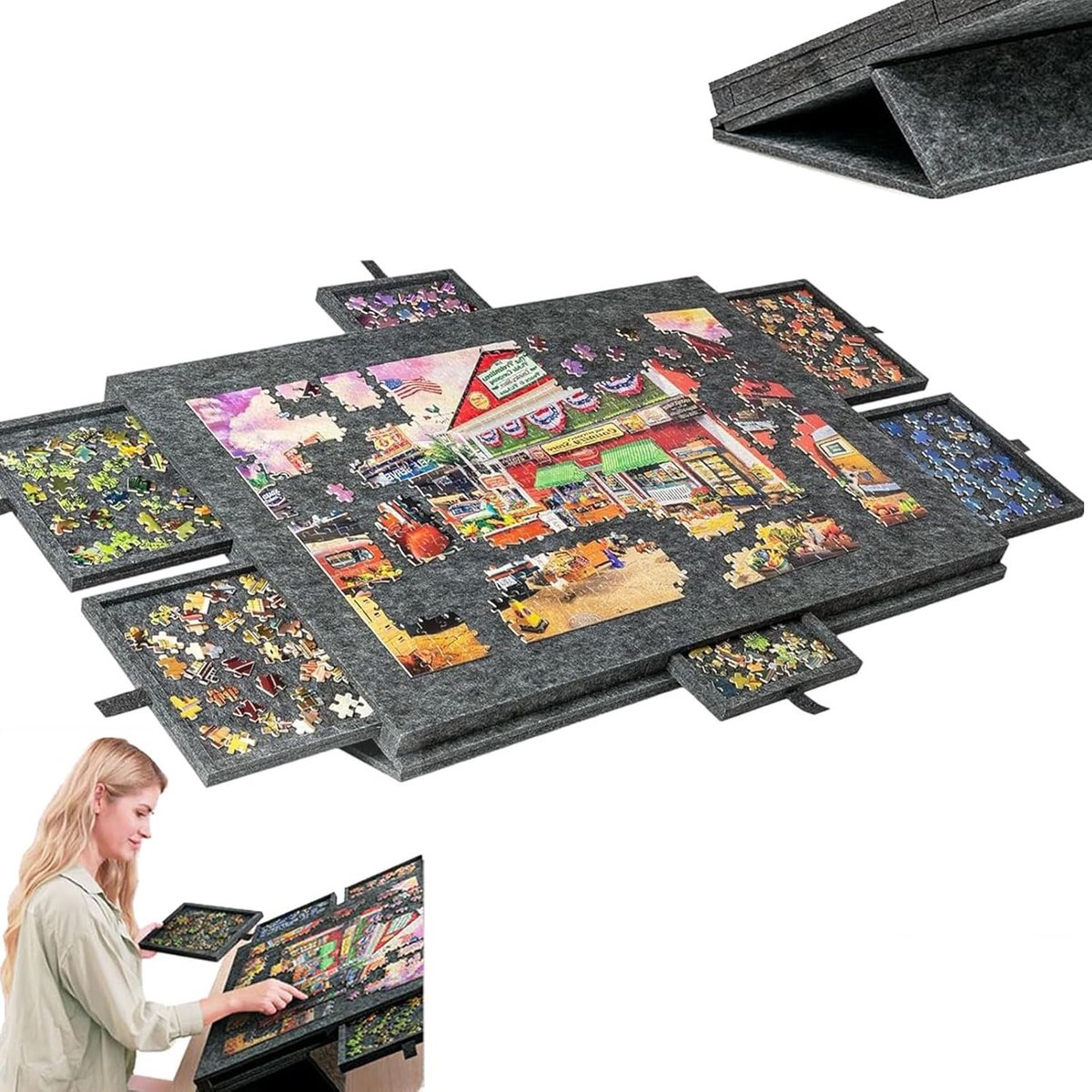 Kantelbaar Puzzelbord - Puzzelmat met Lades - Puzzel Opslag - 3 Hoek Instellingen - 79 x 55 cm - Donkergrijs
