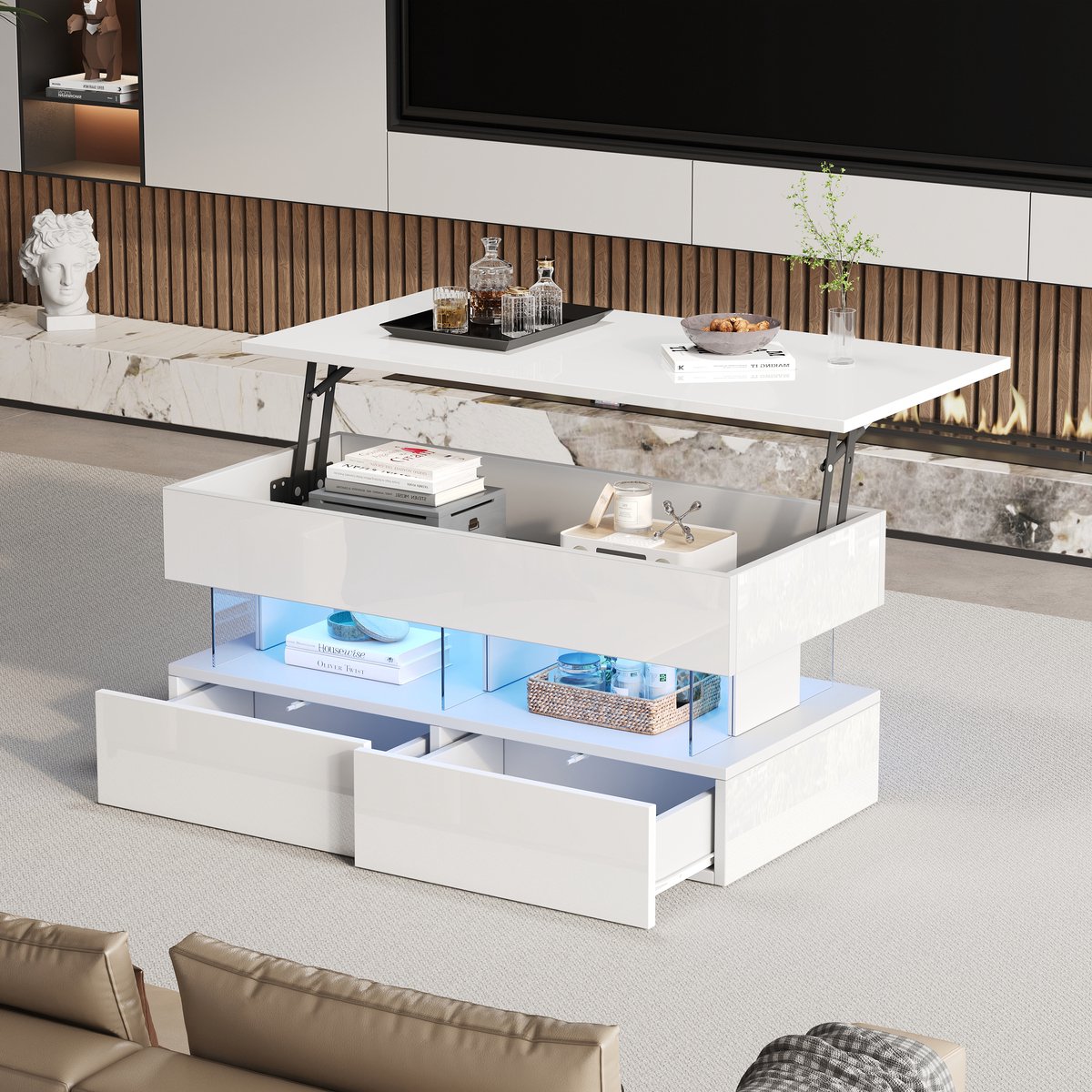 Clruro Salontafel - 100 x 50 x 46 cm - Verstelbare Salontafel met Opbergruimte en LED - MDF/Acryl - Wit