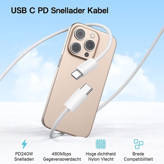 Gouden smartphone met USB C naar USB C kabel, met tekst PD240W, 480Mbps, Nylon Vlecht, Brede Compatibiliteit.
