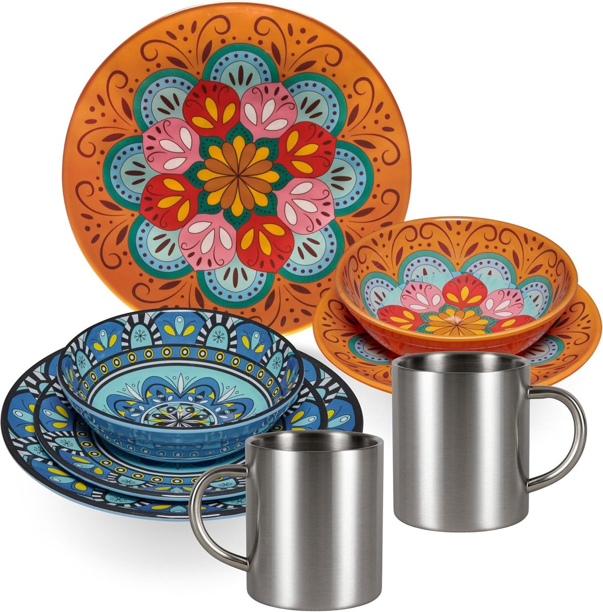 Servies Set - Kampeer Servies - Outdoor Eten - Melamine & RVS Mokken - 8 Delig 2 Pers.