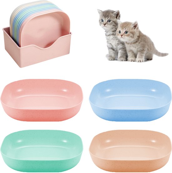 Een roze standaard met gestapelde lichtgekleurde bakjes, en vier individuele ovale bakjes in roze, blauw, groen en oranje.