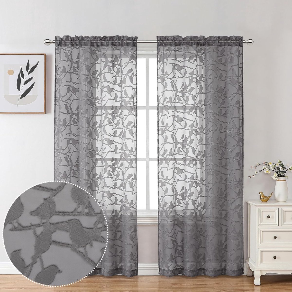Gordijn set - Raambekleding panelen - Slaapkamer decoratie - Jacquard vogelpatroon - 183 c