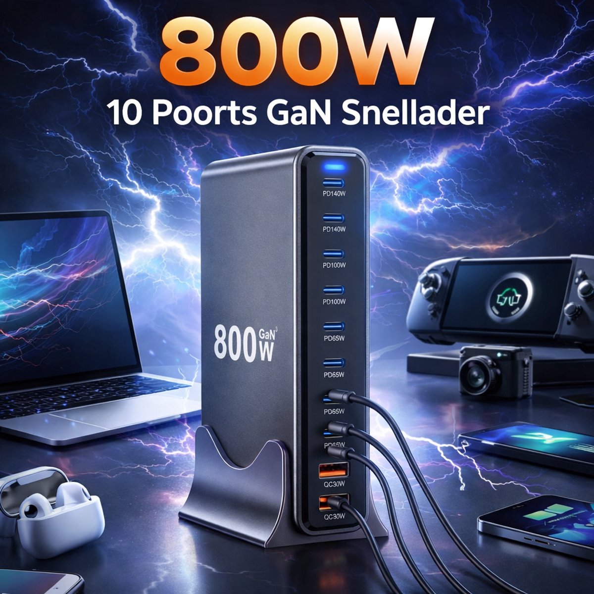 800W USB-C 10 Poorts GaN Snellader FS Power Pack 800W USB-C Oplaadstation – 10 Poorts GaN Snellader (8x USB-C + 2x USB-A) – 140W Power Delivery 3.0 – Desktop & Wandlader voor Laptop, iPhone, Tablet & Meer Universeel