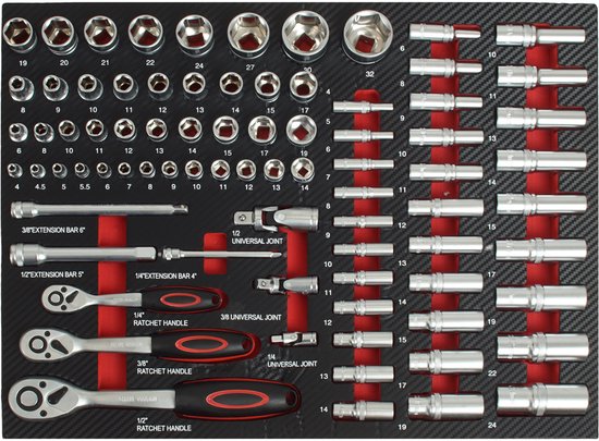 Toolset met ratelhandvatten, verlengstukken, universele gewrichten en doppen in maten 4 tot 32 mm.