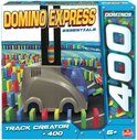 Doos met 'Domino Express Essentials Track Creator +400' dominos. Grijze "auto" met blauwe cabine en 400 kleurrijke dominos.