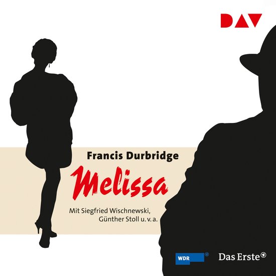 Boekomslag met de titel 'Melissa' van Francis Durbridge, met silhouetten van een vrouw en een man.