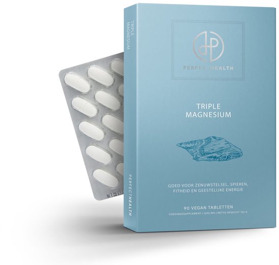 Verpakking van Perfect Health Triple Magnesium naast een strip met 10 tabletten.