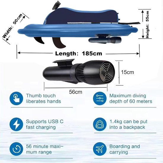 Opblaasbare Motorboot - Elektrische Waterscooter - Zwemmen Duiken Varen - Afneembare Boegschroef - 185cm x 95cm — afbeelding 4