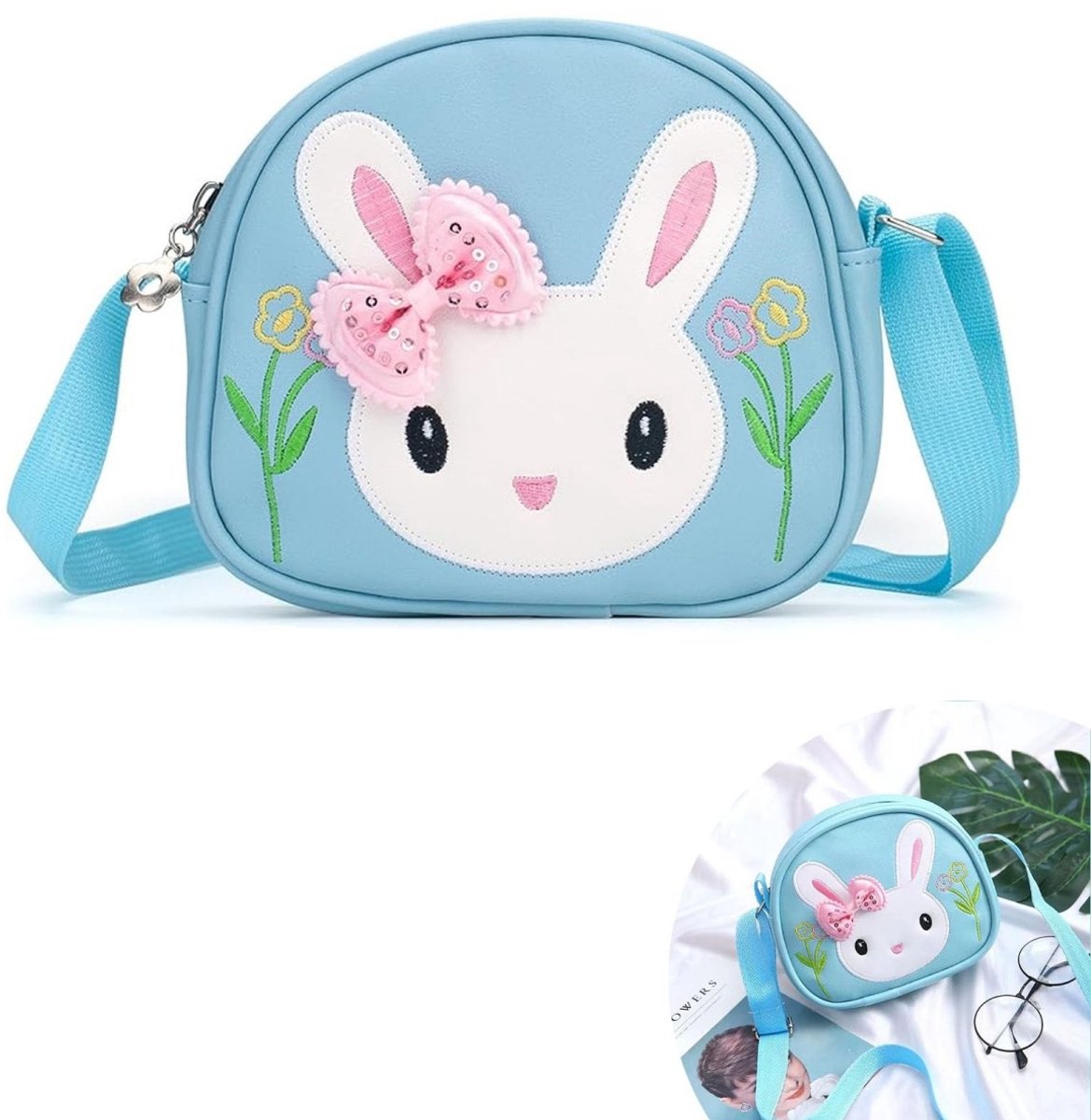longziming -Handtas met konijnenmotief - Handtas - Verstelbare schouderband - PU-leer - Bloemenstrik met 3D-design - Voor meisjes en kleine prinsesjes - 1 stuk - Blauw