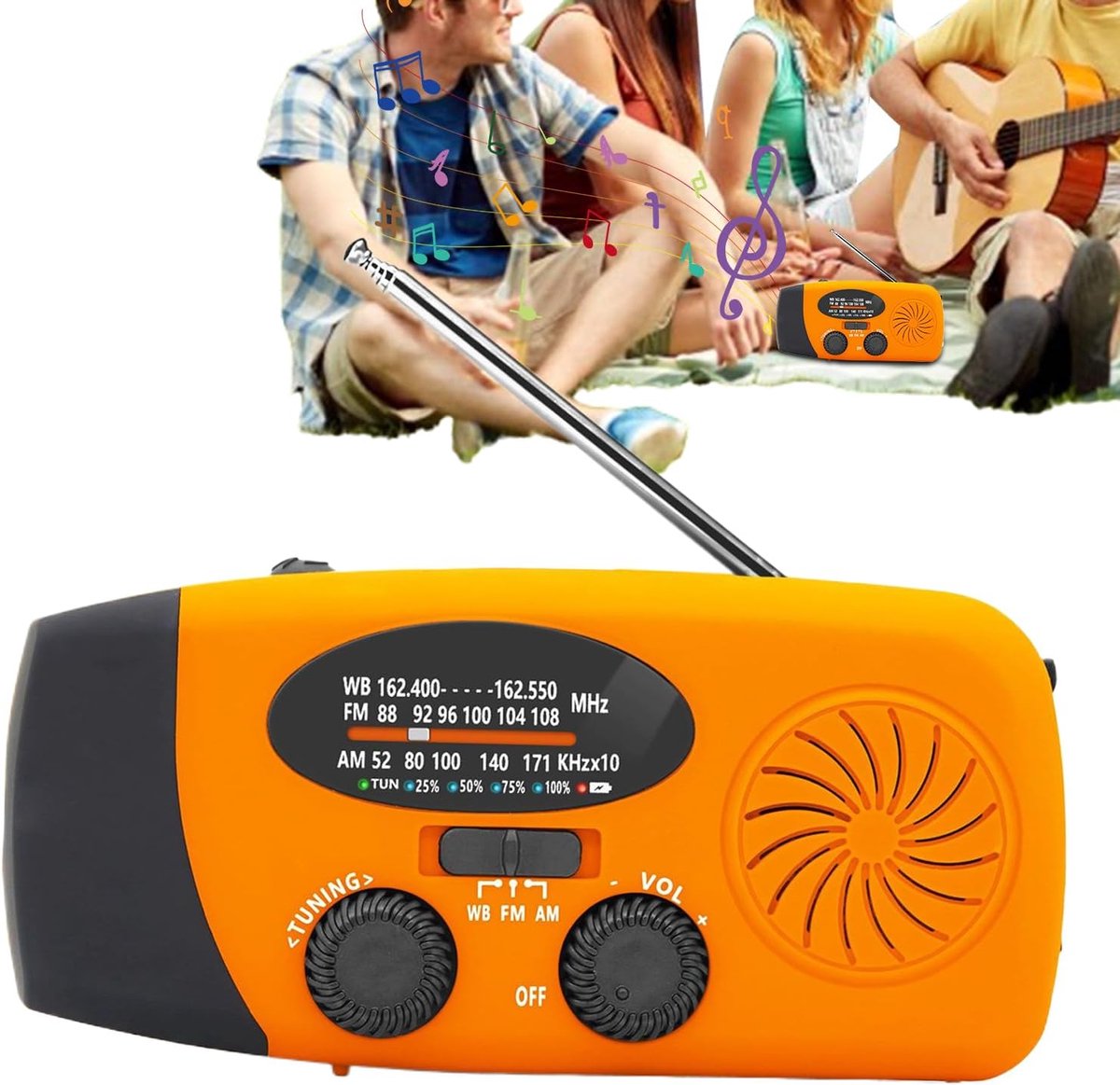 Weer Alarm Radio - Noodradio Overleving - Buiten Kamperen - Zonne- en Zwengelstroom - Compact Formaat - Zwart Oranje