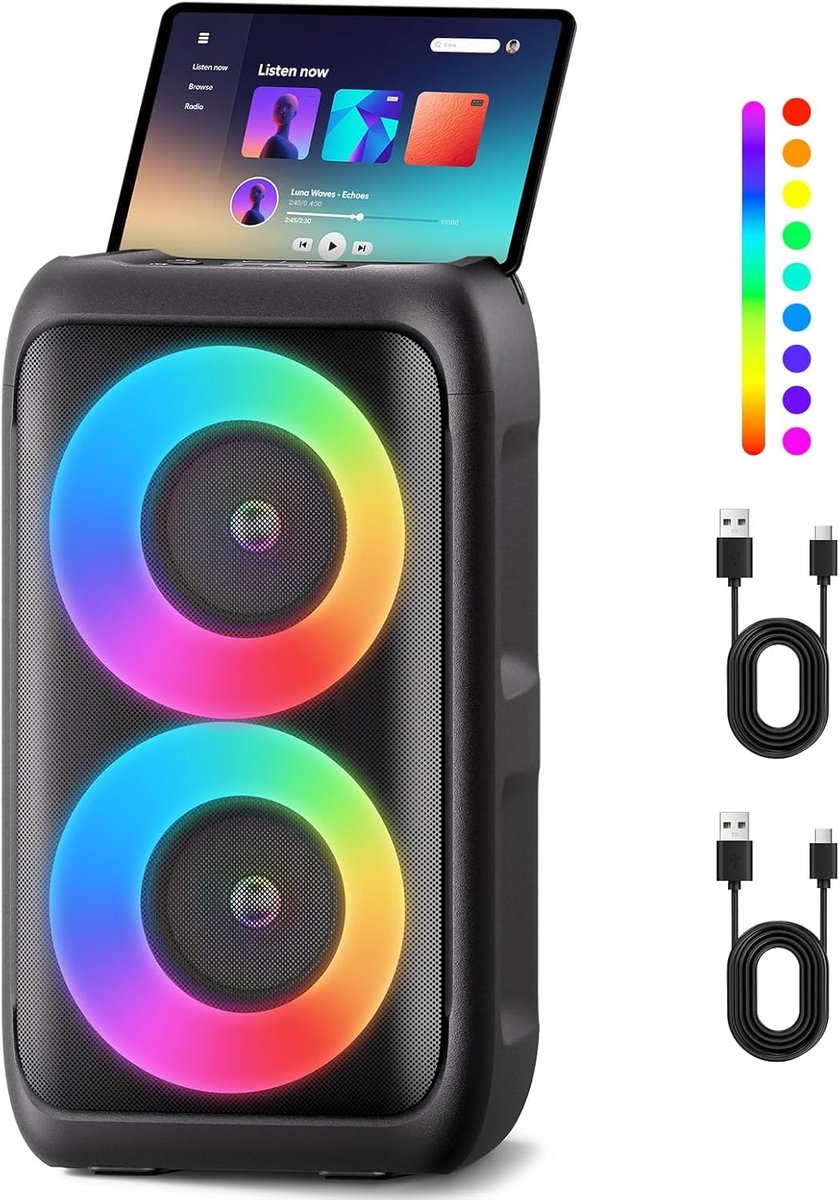 Draagbare Feestluidspreker - Party Speaker - Muziek en Zang - Met 2 Microfoons - 80W Piekvermogen - Zwart