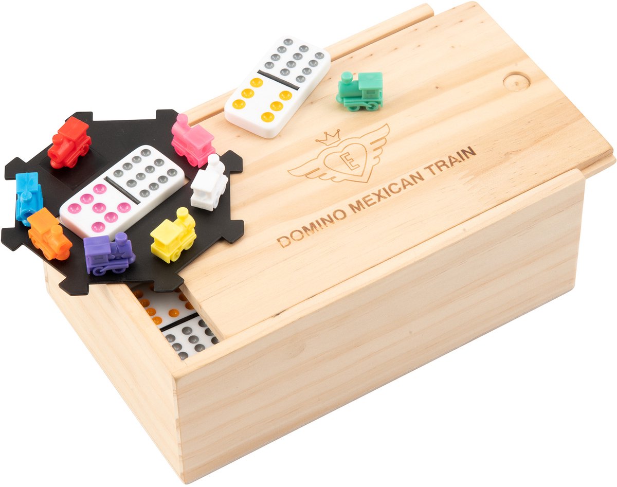 Domino Dubbel 12 Mexican Train – 91 Stenen met Gekleurde Ogen – Houten Kist met Schuifdeksel – Inclusief Station & Treinen – Strategisch Familiespel – Engelhart — afbeelding 8