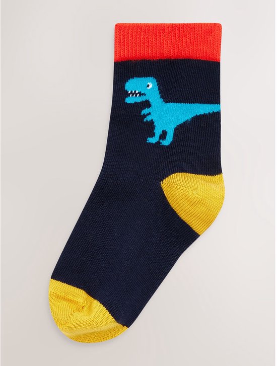 Navy sokken met een blauwe dinosaurus, rode boord en gele tenen.