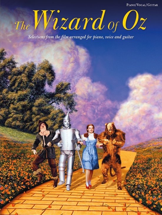 Boek van The Wizard of Oz, met Dorothy, Scarecrow, Tin Man en Lion op de gele stenen weg.