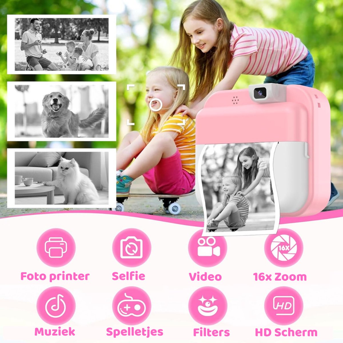 Luumuu® Digitale Kindercamera Met Foto Printer - Fototoestel Voor Kinderen - Kinder Fotocamera Instant Print- Speelgoed Video Camera Kind - Vlogcamera Kids - Sd Kaart 16GB - Roze - Incl. Ebook – foto 4
