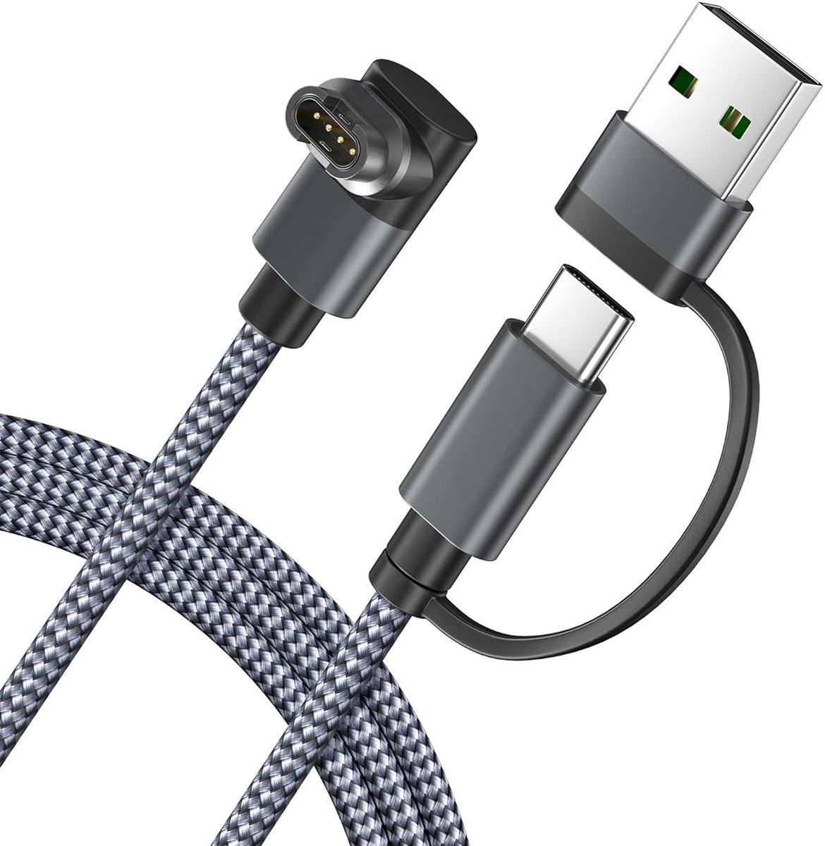 Qost - 2 in 1 Garmin Kabel - 1 Meter - Spacegrey - Garmin oplaadkabel - Compatibel met Garmin Instinct / Forerunner / Fenix - 1-Pack - L-Vorm 90 Graden Hoek - Aluminium