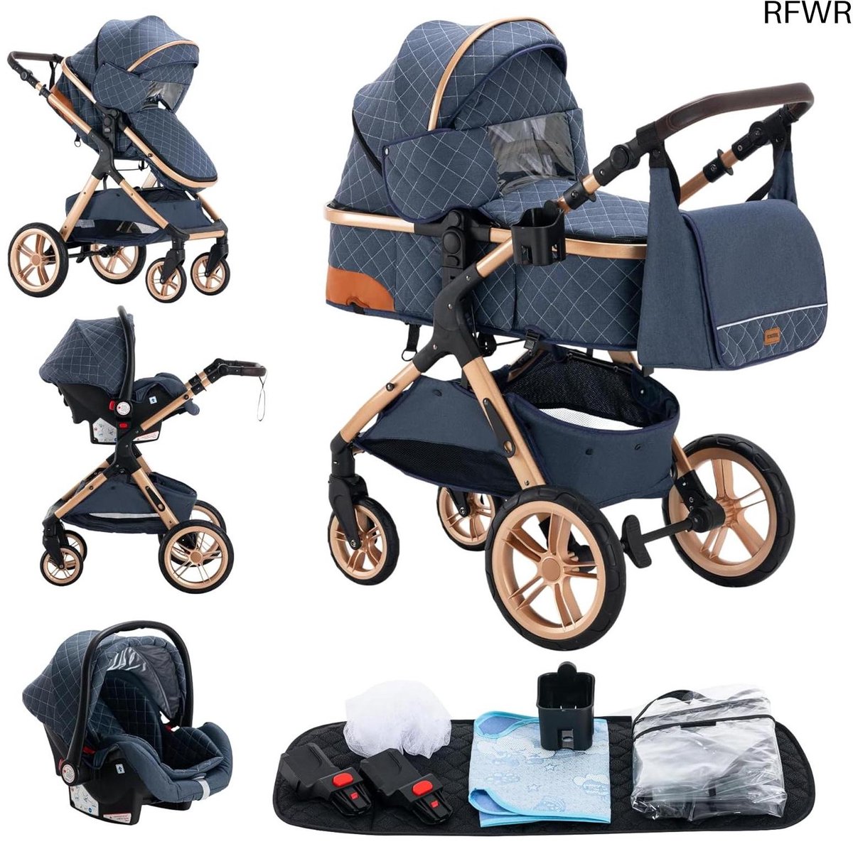 3-in-1 Kinderwagen voor Baby's tot 36 kg – Vouwbare Hoge Landschap Kinderwagen met Demping en Verstelbaar Handvat