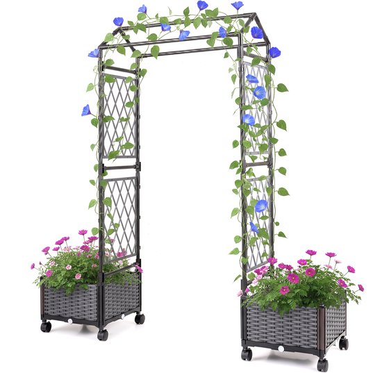 COSTWAY Bloembak met klimrek en hangend dak, 163 cm, 2-in-1 rozenboog met 2 plantenbakken, tuinboog op wielen, metaal en PP-rotan, klimrek voor klimplanten (Grijs)