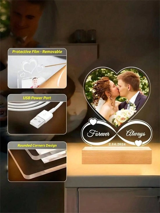 Lunekiss Valentijn Cadeau Foto Nachtlamp - Gepersonaliseerde Acryl Plaque met Naam Datum & LED - Houten - USB - Warm wit — afbeelding 2