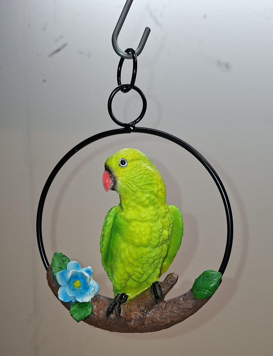 Papegaai op ring hanger beeld - 15cm ring diameter - groen/geel - Kado - Cadeau - Decoratie - Woonaccessoires - Beeld