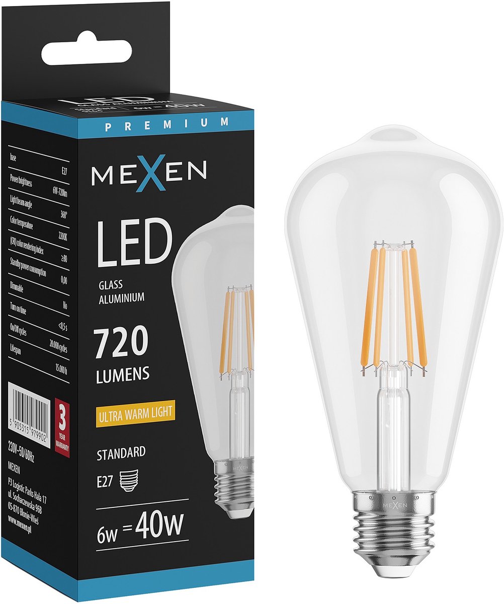 Mexen Vintis LED filamentlamp E27, ST64, 6W, Warm - 2200K, 720 lm, helder - L152-E27-0622-00