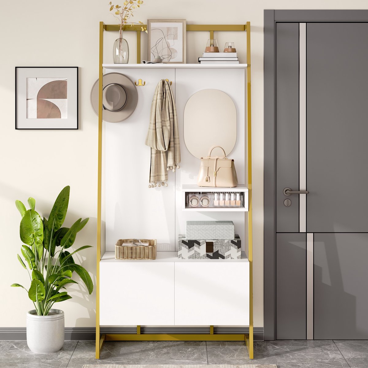 MODFU Kapstok 78x38.5x180.5 cm van MDF en metaal, met spiegel en haken Wit