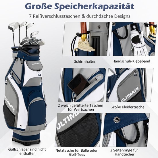 COSTWAY Golftas, Lichtgewicht en Draagbare Golfkar Tas met 14 Manieren Volledige-Lengte Top Verdelers, 7 Zakken met Ritssluiting, Regenkap, Schouderriem, PVC Handvat, Paraplu Houder (Navy + Grijs) van Merkloos — afbeelding 2