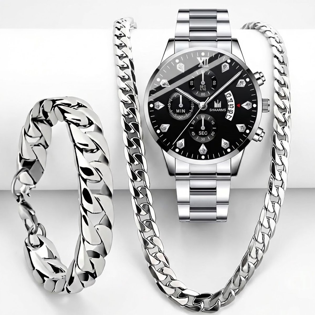 Zilverkleurig heren horloge set met schakel ketting en schakel armband - 3 delige sieraden set voor mannen - analoog horloge met zwart uurwerk