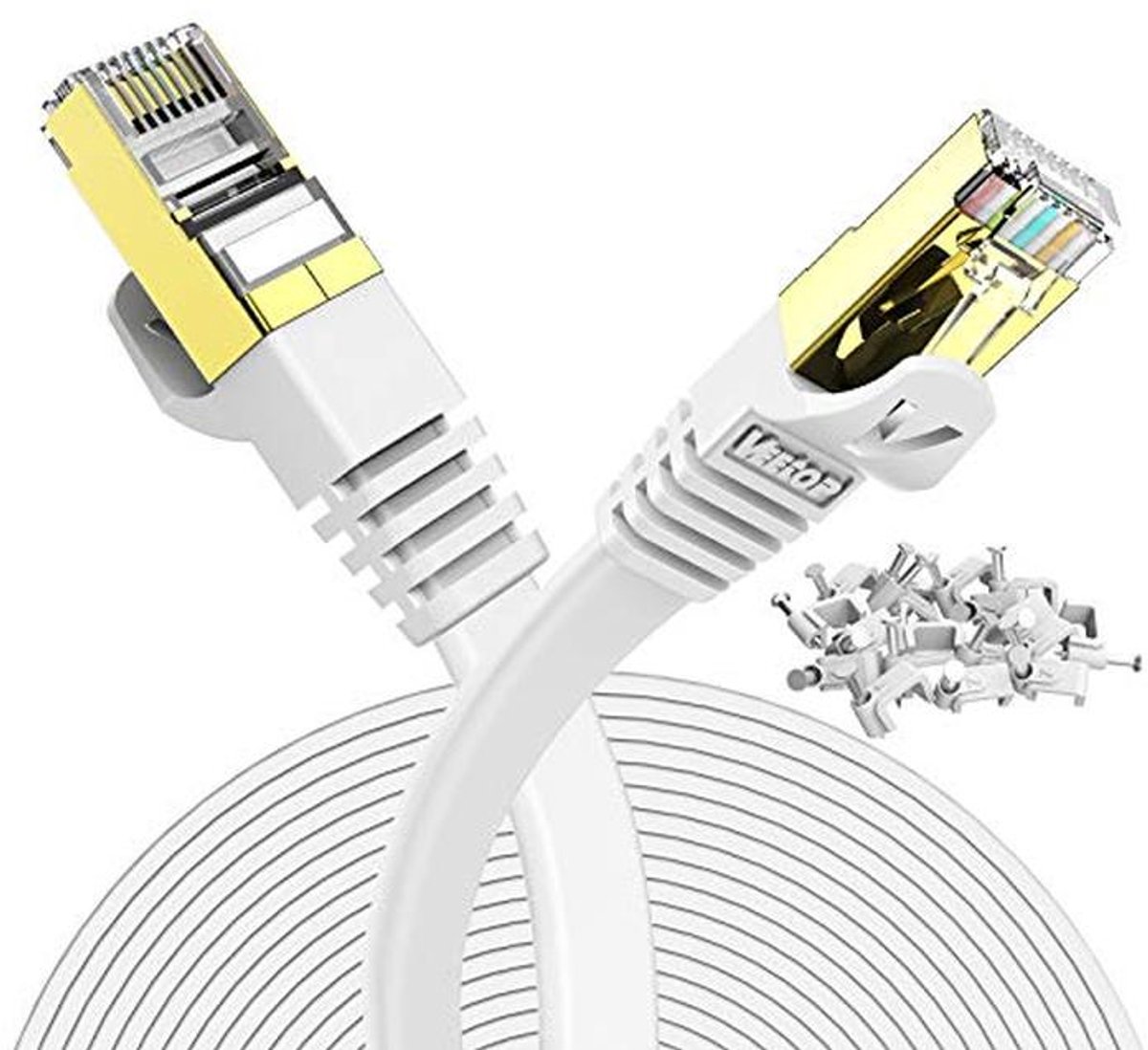 Platte Cat 7 Ethernet-kabel voor 10 Gbps Netwerkverbinding (20m, Wit)