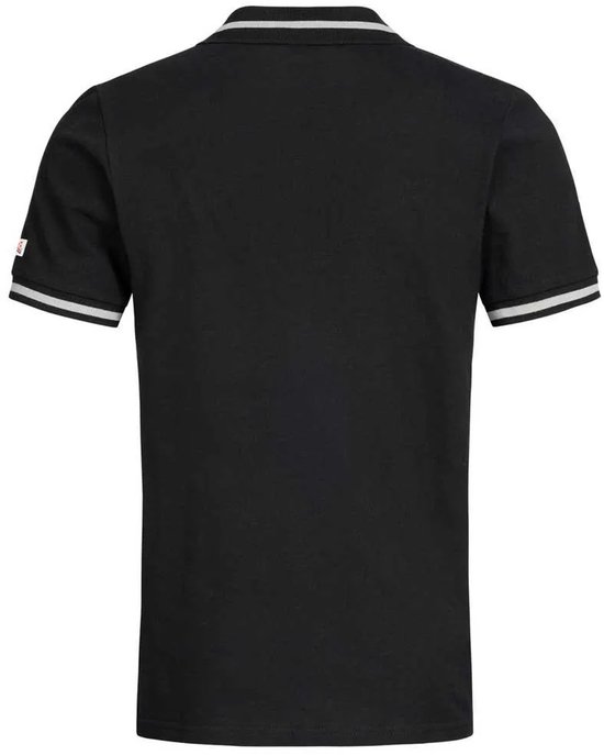Zwart poloshirt met witte strepen op de kraag en mouwen.