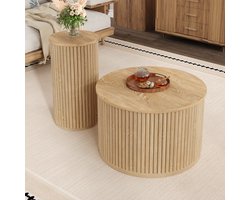 STILVORA Salontafel Set Rond - 2 Delig Met 3D Strepen - Flexibel Voor Woonkamer En Lounge - MDF - Natuurlijk - 60x60x38,5 En 30x30x56 Cm
