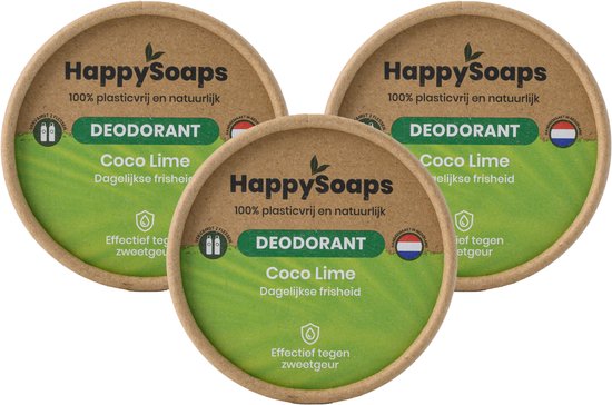 Drie HappySoaps natuurlijke deodorants in kartonnen verpakking, met de geur Coco Lime. Plasticvrij &amp; vegan.