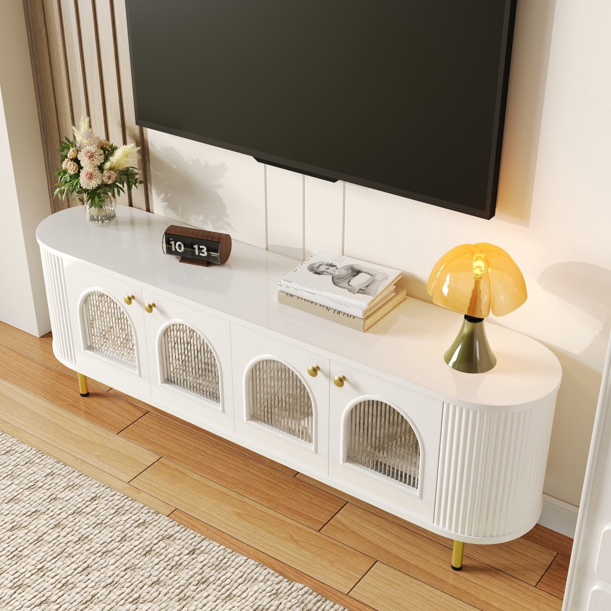 STILVORA Televisiekast - Glazen Deuren En Kabeldoorvoer - Opbergmeubel Voor Woonkamer - MDF Wit;Goud - 170x35x55 Cm