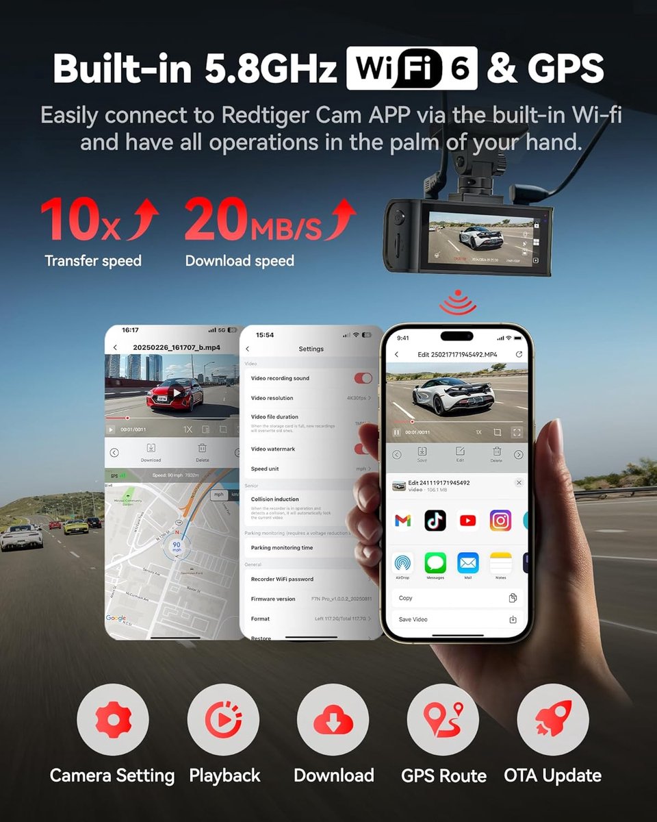 RedTiger F7N Pro Dual Dashcam voor auto - 4K & 1080p - 3,18 inch LCD met App thumbnail 2