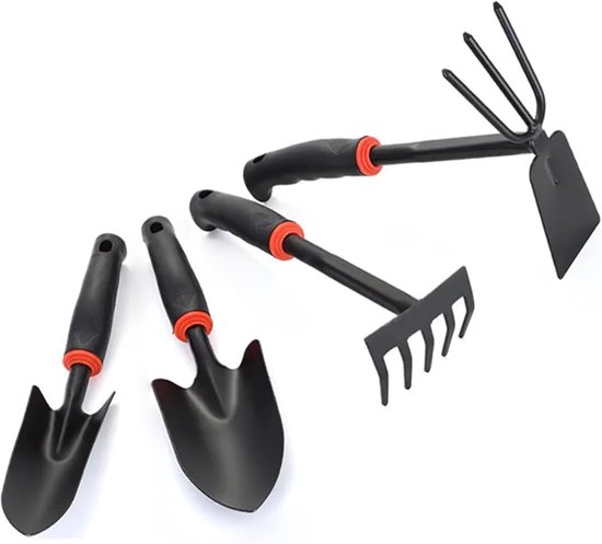 4-delig Tuingereedschap Set - Roestvrij Metaal - Rubberen Handvatten - Voor Spitten en Planten - Inclusief Hark en Schoffel - Compact Opbergbaar - Tuinieren Gereedschap