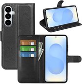 Zwarte kunstleren wallet book case open, met telefoonvak, kaarthouders en geldvak. Telefoon wordt getoond in standaardmodus.