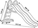 Schematische tekening van een groene glijbaan met beige zijkanten. Afmetingen: 118 cm hoog, 87 cm breed, 200 cm glijbaanlengte, 217 cm totaal.