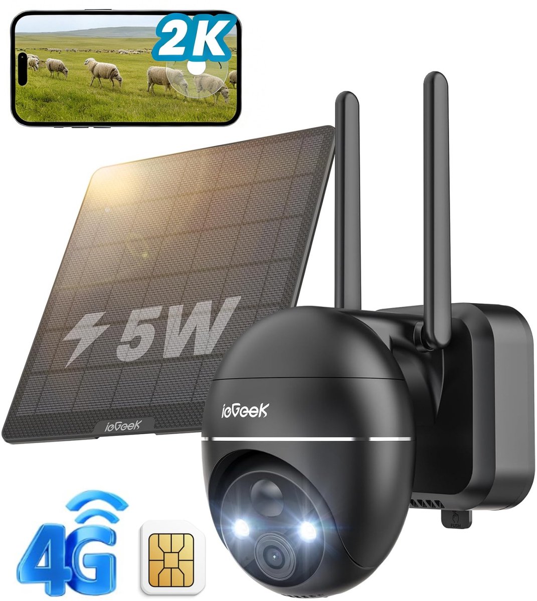ieGeek Security Buitencamera ZY-G1 4G LTE - Beveiligingscamera voor Buiten - Outdoor Cam - 2K UHD - Pan & Tilt - Zonnepaneel - Nachtzicht - Inclusief SIM-kaart