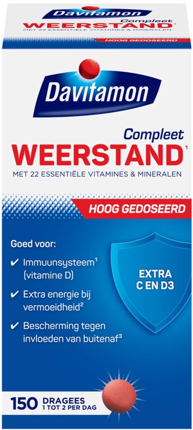 Verpakking van Davitamon Compleet Weerstand. Rood met blauwe details en witte letters. 150 dragees.