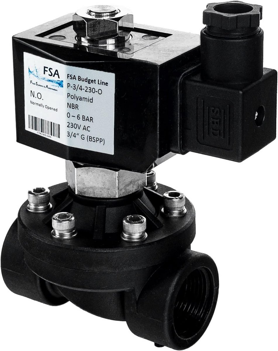 Kunststof Magneetventiel 3/4 inch 230V AC Normaal Gesloten 0-6 Bar NBR