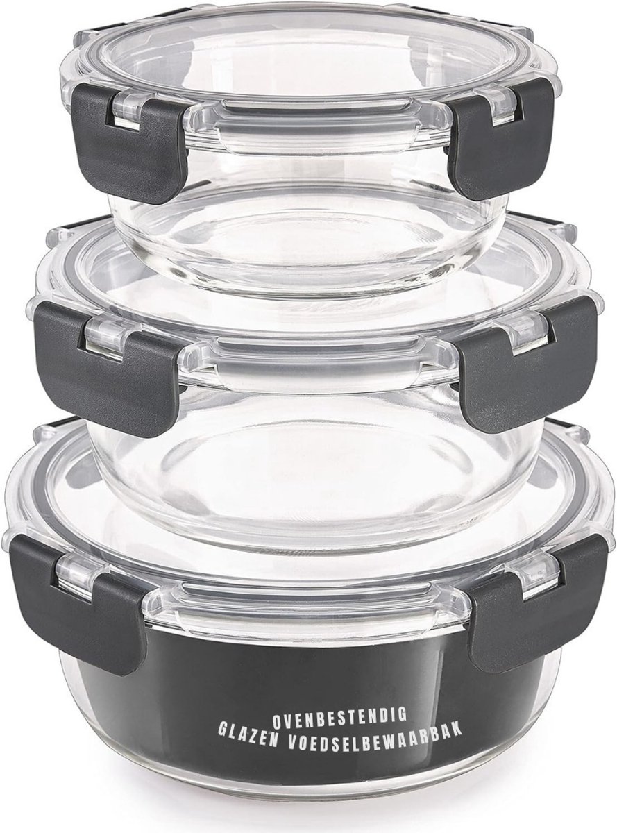 REN® Meal Prep Bakjes Glas - vershoudbakjes glas - mealprep bakjes Glas - Set van 3 - 400 ml, 650 ml en 950 ml - Transparant - 20cm x 20cm x 18cm