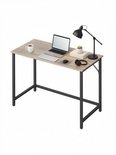 Bureau met lichtbruin houten blad en zwart metalen frame, ingericht met laptop, koffiekopje en lamp.