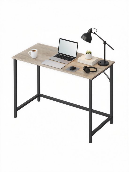 Bureau met lichtbruin houten blad en zwart metalen frame, ingericht met laptop, koffiekopje en lamp.