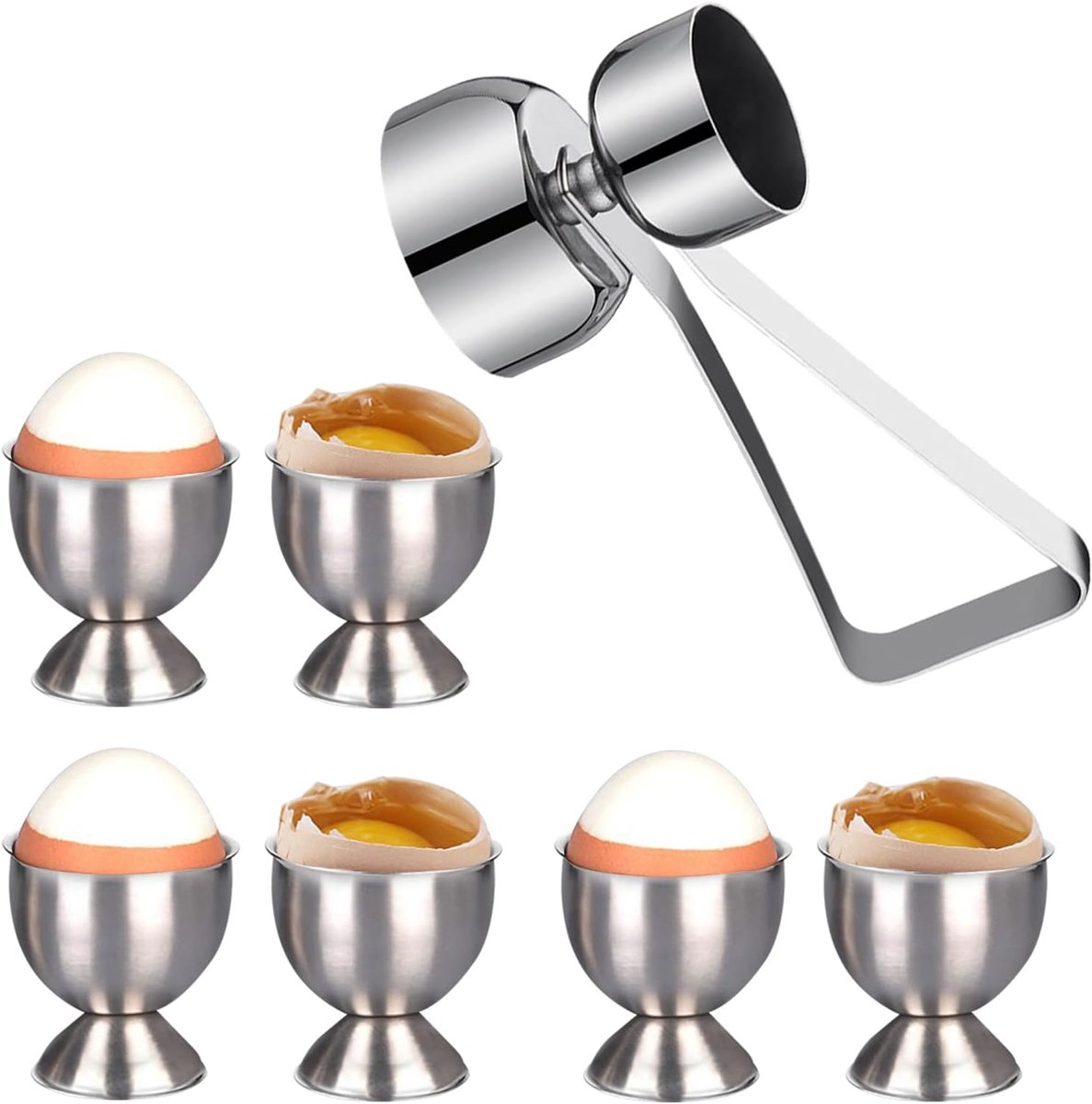 Eierdopjes Set, Roestvrij Staal Eierhouder en Dubbelzijdige Eierdopener, Groot Pasen Eierkopje voor Zachte Eieren (6 Stuks + 1 Eierdopener)