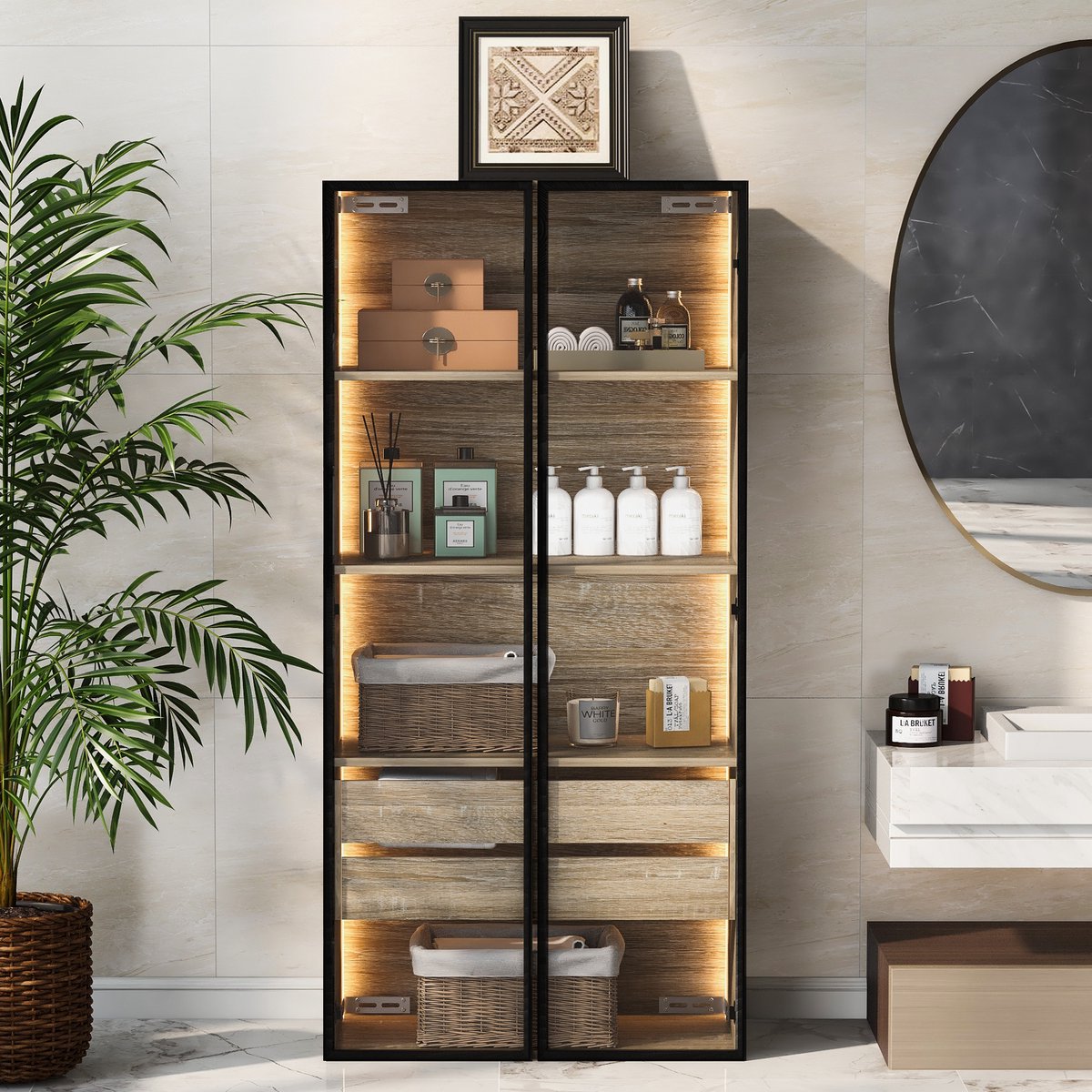 Badkamerkast - 73 cm - Midi Kast met LED en 2 Laden - Met Glazen Deuren - Glas - Wit